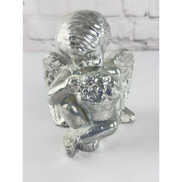 Vintage Silver Angel Figurine Cherub Statue 90s Holiday Decor Guardian Angel - Picture 10 of 16